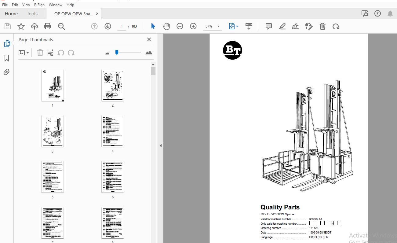 BT Forklift OP/OPW/OPW Space Quality Parts Manual 338799AA 353120AA