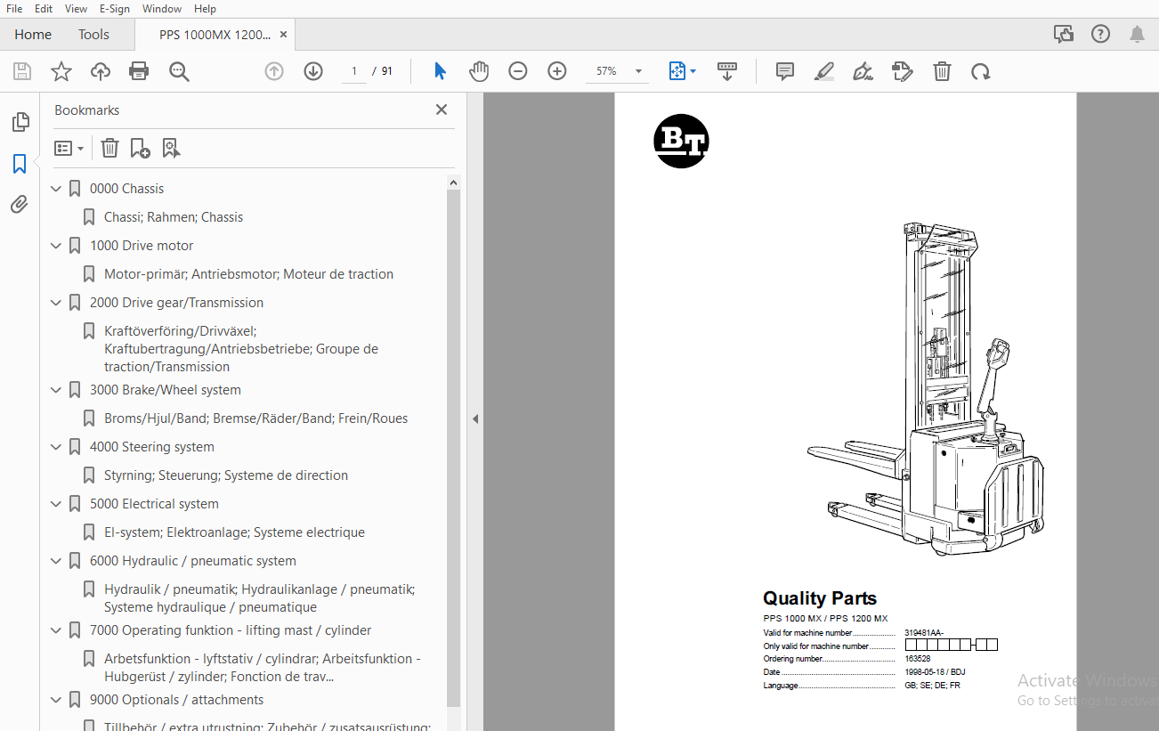 BT Forklift PPS 1000 MX/PPS1200 MX Quality Parts Manual - PDF