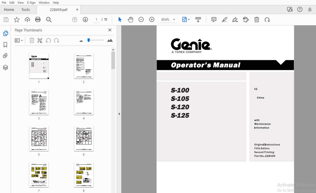 Genie S-100 S-105 S-120 S-125 Operator's Manual 228459 - PDF ...