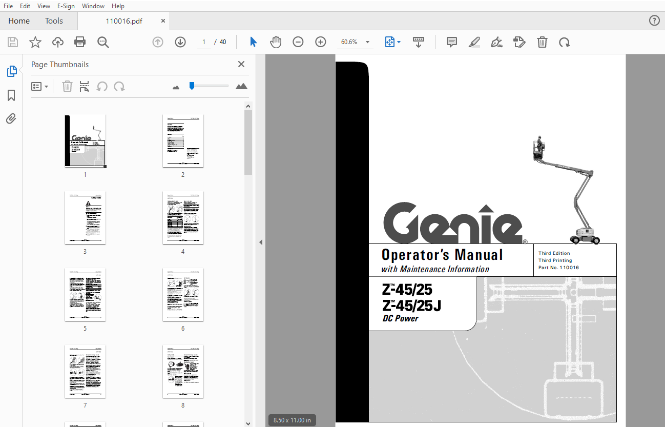 Genie Z-45/25 Z-45/25J DC Power Operator's Manual 110016 - PDF