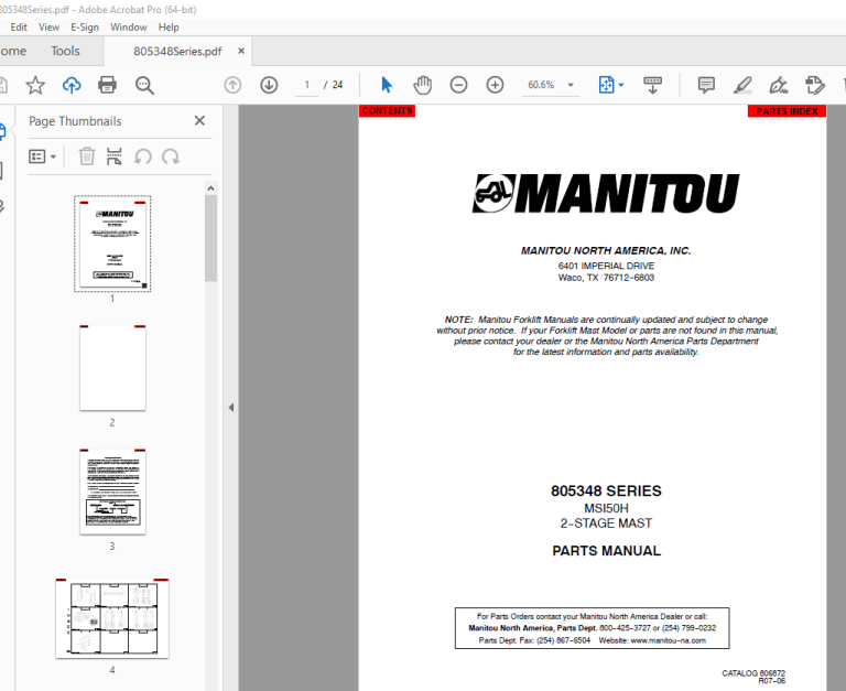 Manitou Checklist.pdf Manitou Forklift 805348 SERIES MSI50H 2--STAGE MAST Parts Manual PDF