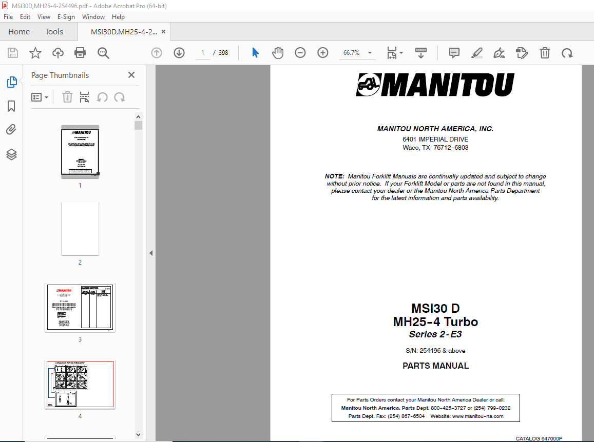 Manitou Checklist.pdf Manitou Forklift MSI30 D MH25-4 Turbo Series 2-E3 Parts Manual PDF ...