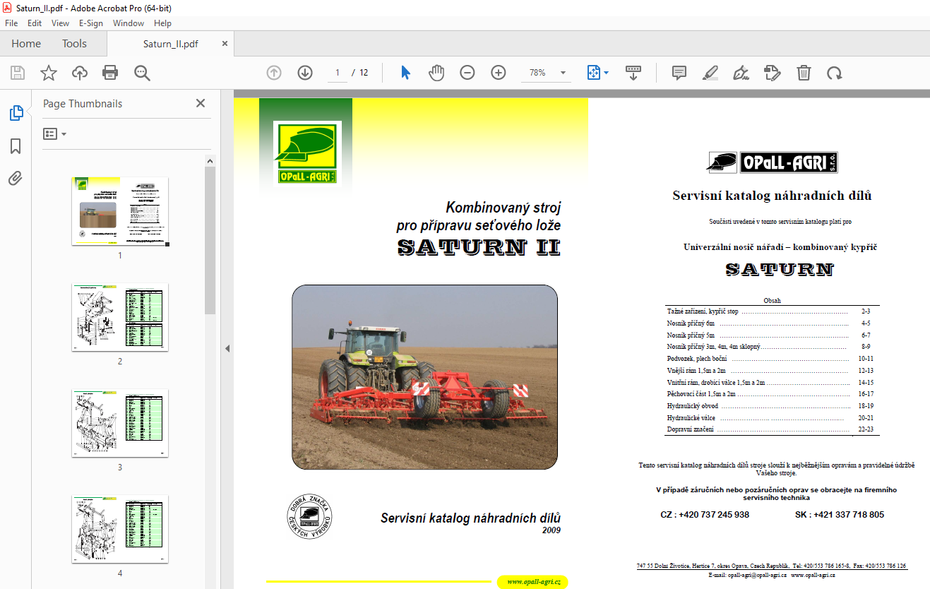 Opall Agri stroj pro přípravu seťového lože SATURN II Servisní ...