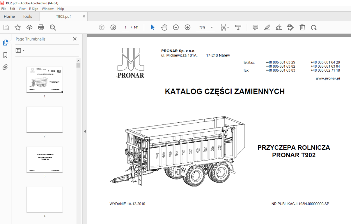 PRONAR T902 PRZYCZEPA ROLNICZA KATALOG CZĘŚCI ZAMIENNYCH PDF