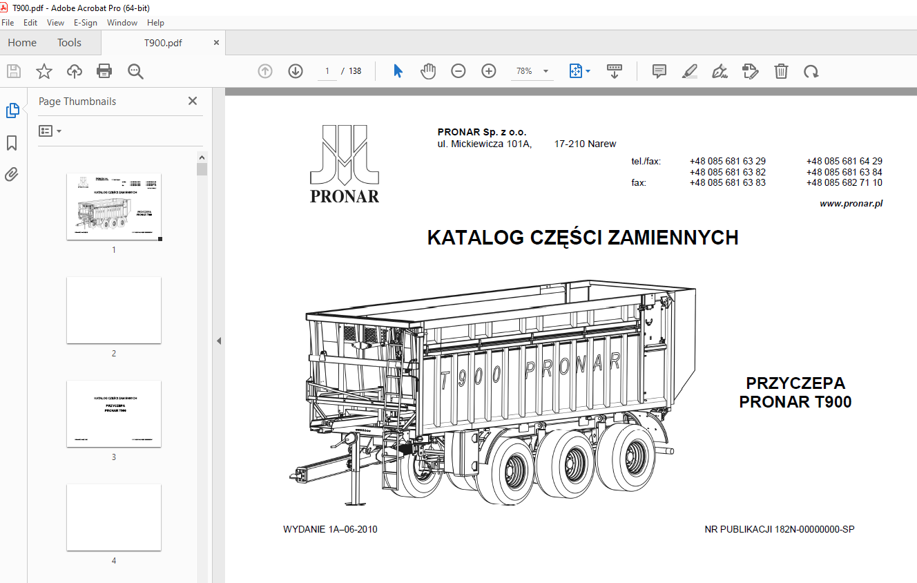 Pronar T900 PRZYCZEPA ROLNICZA KATALOG CZĘŚCI ZAMIENNYCH PDF