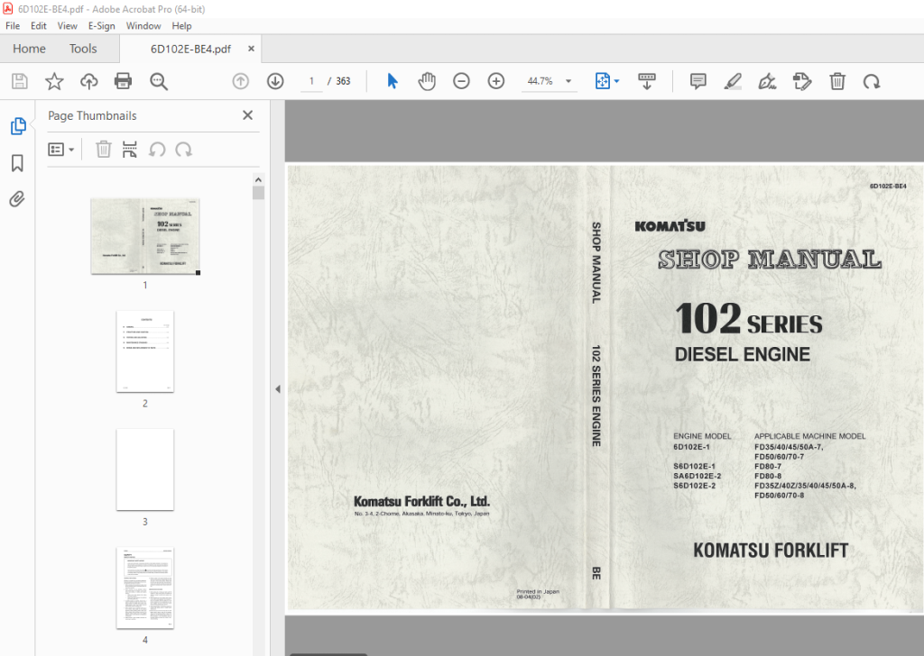 Komatsu 102 Series Diesel Engine Shop Manual 6D102E-BE4 PDF ...