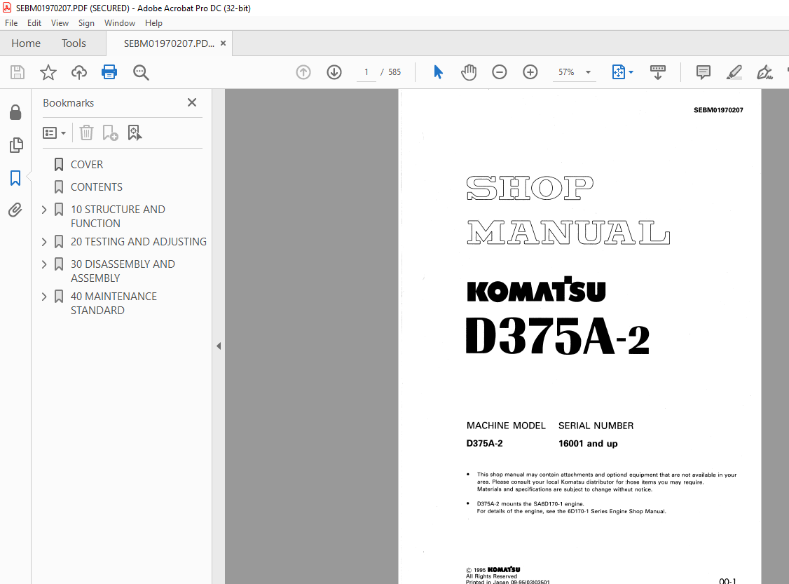 Komatsu Bulldozer D375A-2 Shop Manual SEBM01970207 – PDF DOWNLOAD ...