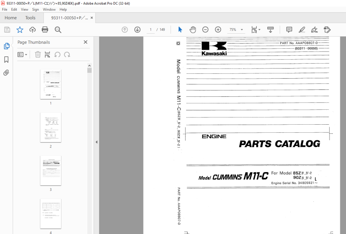 Catalog Engine Kawasaki CUMMINS M11-C ENGINE PARTS CATALOG MANUAL PN AAAP08807-0 PDF ...